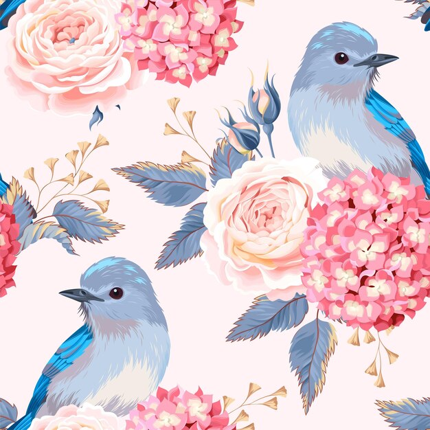 Wektor wzór z różami hortensji i bluebird