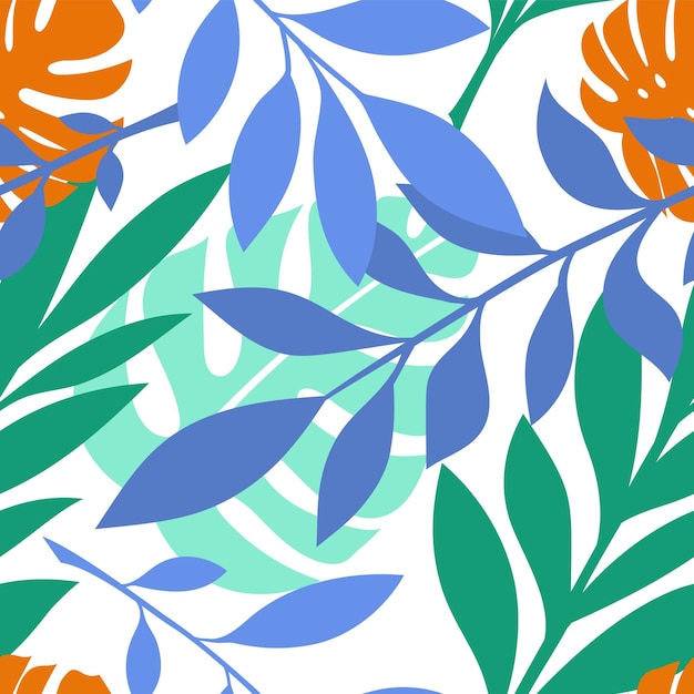 Wektor wzór z tropikalnych liści palmowych dżungli monstera w niebieskich, zielonych, pomarańczowych kolorach