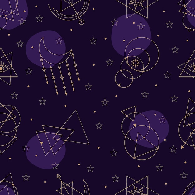 Wektor wzór ze złotymi symbolami alchemii i astrologii ręcznie rysowane w liniach