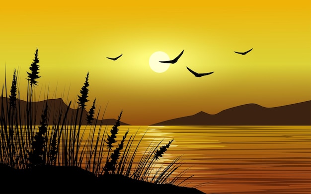 Plik wektorowy wektor zachód słońca z ptakami i sylwetką trawy