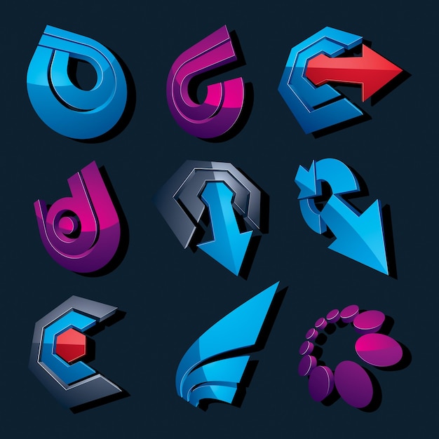 Wektor zbiory multimedialne znaki na białym na czarnym tle. 3d kolorowe abstrakcyjne elementy projektu, mogą być używane w projektach internetowych i graficznych oraz jako symbole marketingowe.