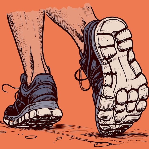 Wektor zbliżenia dwóch stóp chodzących i wykonujących aktywność fizyczną Wektor podeszwy noszącej buty sportowe