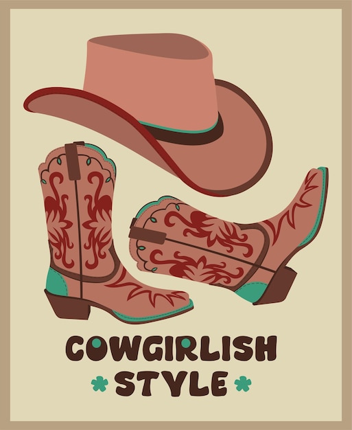 Wektor zestaw akcesoriów cowgirl. Stylowa czapka i buty. Retro strój kowbojki.