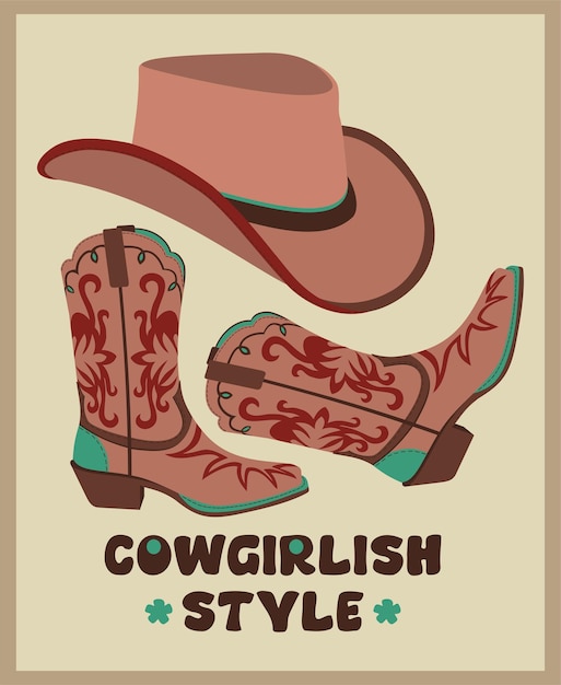 Plik wektorowy wektor zestaw akcesoriów cowgirl. stylowa czapka i buty. retro strój kowbojki.