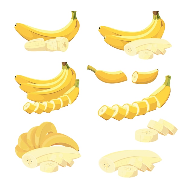 Wektor Zestaw Bananów Na Białym Tle Cały Banan Pół I Kawałki Banana