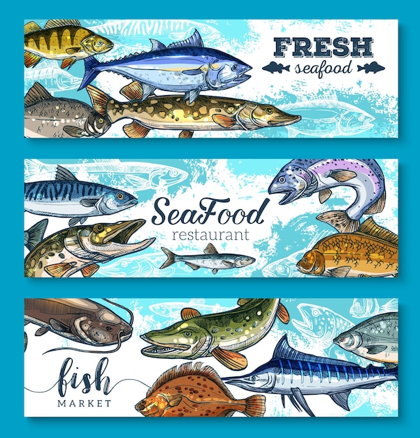 Plik wektorowy wektor zestaw banerów świeżych owoców morza i ryb