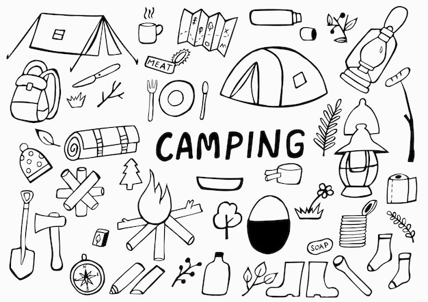 Wektor zestaw doodle camping ręcznie rysowanetravel