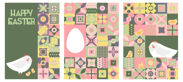 Wektor Zestaw Geometrycznej Ilustracji Na święta Wielkanocne Z Białymi Kurzymi Jajami, Kurczakami I Neogeo