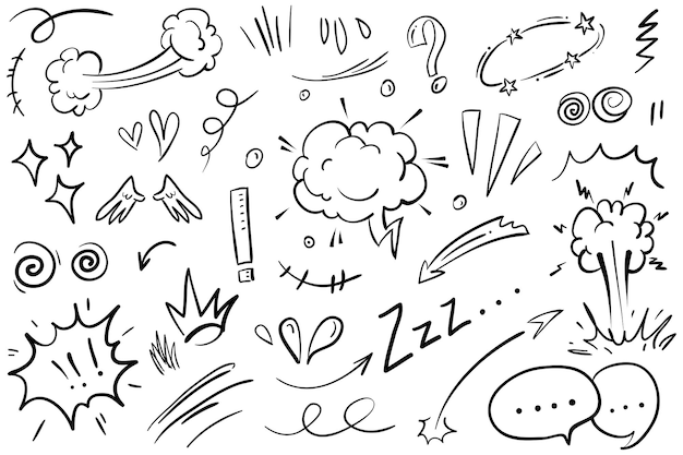 Wektor zestaw handdrawn cartoony wyrażenie znak doodle krzywa strzałki kierunkowe emotikon efekty elementy projektu postać z kreskówki emocja symbole ładny dekoracyjne obrysu pędzla linie