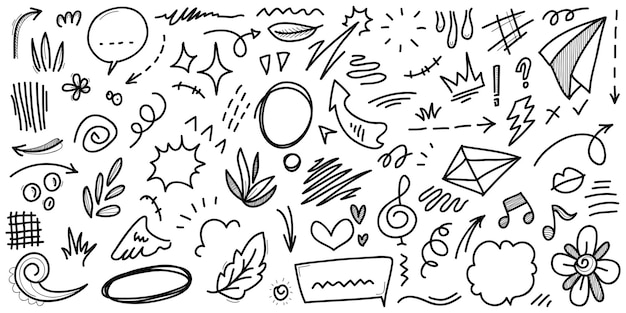 Wektor Zestaw Handdrawn Cartoony Wyrażenie Znak Doodle Krzywa Strzałki Kierunkowe Emotikon Efekty Elementy Projektu Postać Z Kreskówki Emocja Symbole ładny Dekoracyjne Obrysu Pędzla Linie