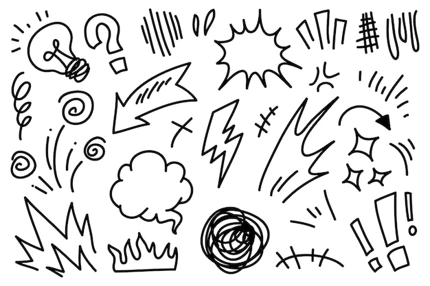 Wektor zestaw handdrawn cartoony wyrażenie znak doodle krzywa strzałki kierunkowe emotikon efekty elementy projektu postać z kreskówki emocja symbole ładny dekoracyjne obrysu pędzla linie