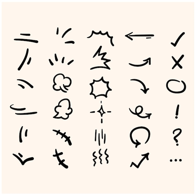 Wektor zestaw handdrawn ładny kreskówkowy wyrażenie znak doodle linia skok ruch rysunek krzywa strzałki kierunkowe emotikon efekty elementy projektu postać z kreskówki emocja symbole