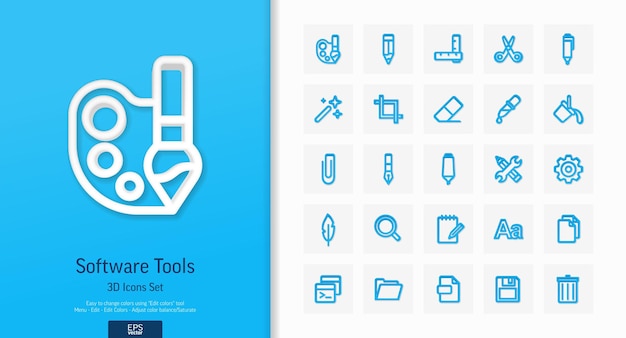 Plik wektorowy wektor zestaw ikon realistyczny styl 3d ilustracja z tekstem edytować narzędzia graficzne narzędzia zarys symbole ołówek gumka nowy plik szczotka nożyczki pogrubiona kursywa czcionka linia piktogram widok z góry cień