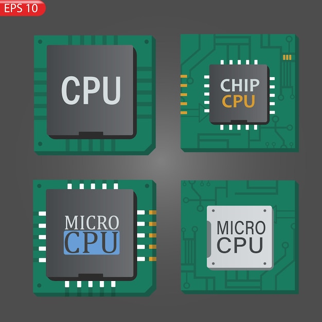 Wektor zestaw ikona chipów komputerowych. Procesor ma napis CPU, chip, micro-chip, process