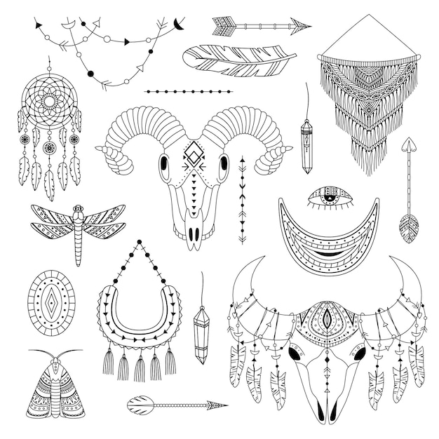 Wektor zestaw ilustracji boho. Grafika liniowa. Dreamcathers, zwierzęca czaszka, pióra i strzały