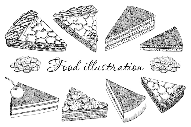Wektor Zestaw Kawałków Ciasta Sernik żywności Ilustracja Wektorowa Słodyczy W Stylu Szkic Ręcznie Rysowane Elementy Izolowane Od Tła