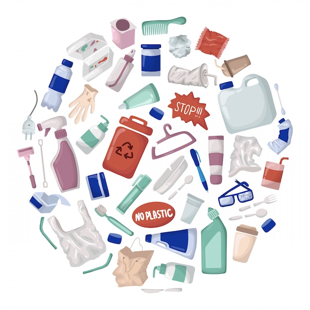Wektor zestaw - plastikowe śmieci i odpady lub śmieci, recykling tworzyw sztucznych