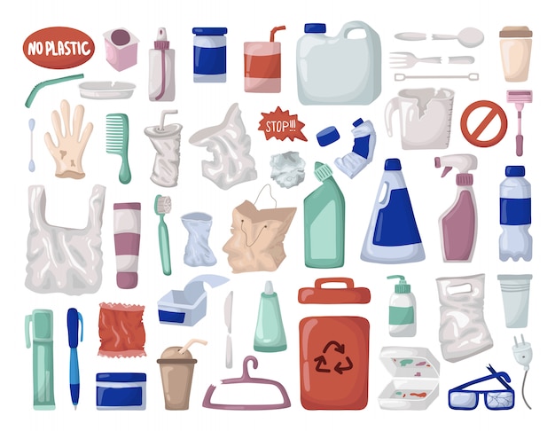 Plik wektorowy wektor zestaw - plastikowe śmieci lub odpady, recykling tworzyw sztucznych