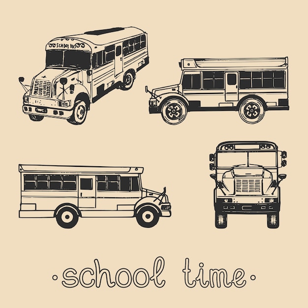 Plik wektorowy wektor zestaw ręcznie rysunek autobus szkolny z tekstem odręcznym frazą czasu szkoły. wykształcenie dzieci. koncepcja projektu dzień wiedzy.