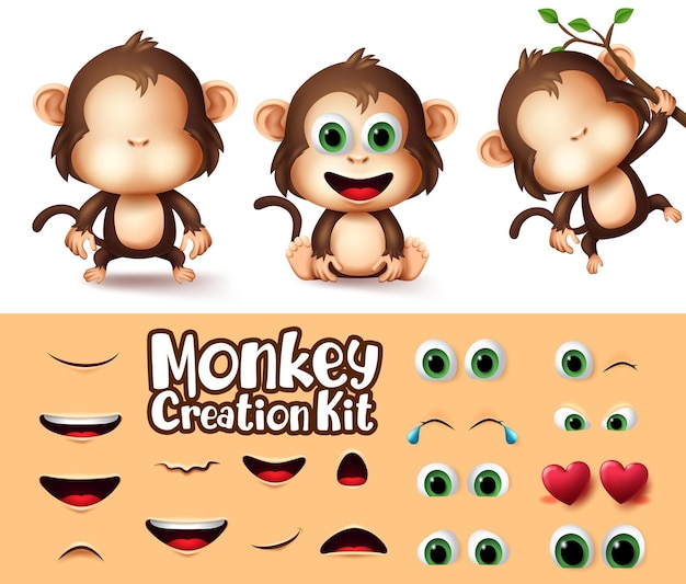 Plik wektorowy wektor zestaw twórca znaków małpy zwierzęta małpy, oczy i usta, które można edytować
