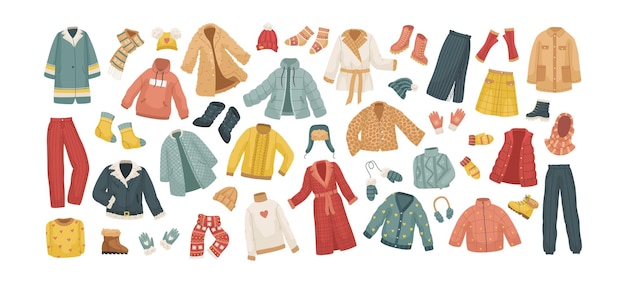 Plik wektorowy wektor zestaw ubrań zimowych. płaszcze, czapki, rękawiczki, buty i skarpetki.