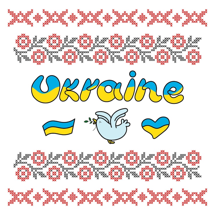 Wektor wektor zestaw ukraińskiego haftu krzyżykowego z czarnymi i czerwonymi nitkami, napis ukraina i doodle