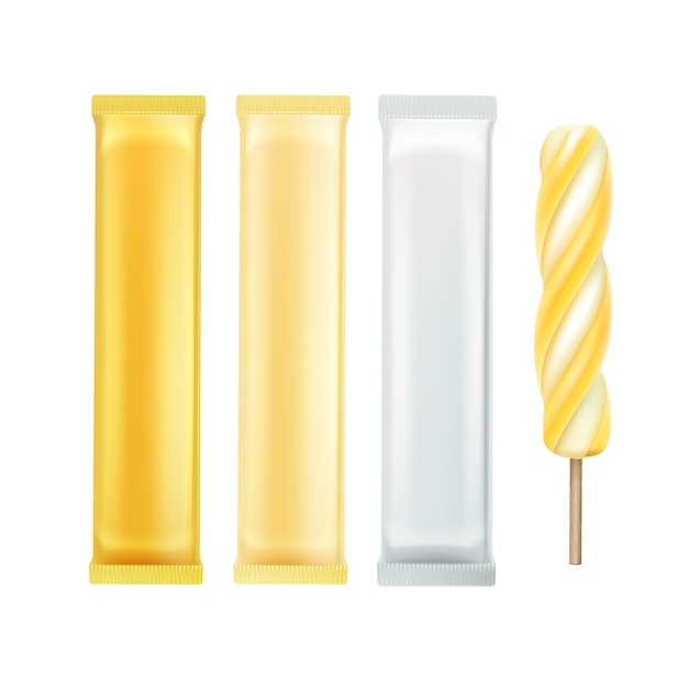 Wektor zestaw żółtych bananów spirali Popsicle Lollipop lody sok owocowy lód