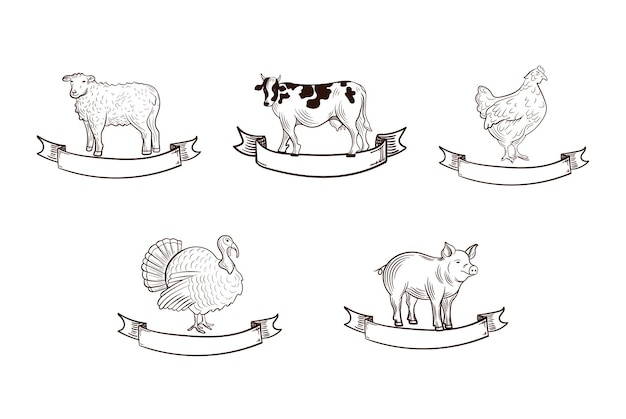 Plik wektorowy wektor zestaw zwierząt gospodarskich z banerami w stylu vintage ryciny ręcznie rysowane ilustracja