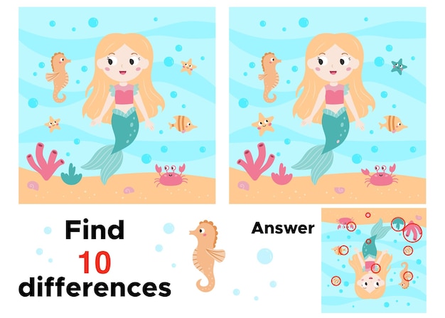 Wektor Znajdź 10 Różnic Gra Edukacyjna Z Uroczą Syrenką I Konikiem Morskim