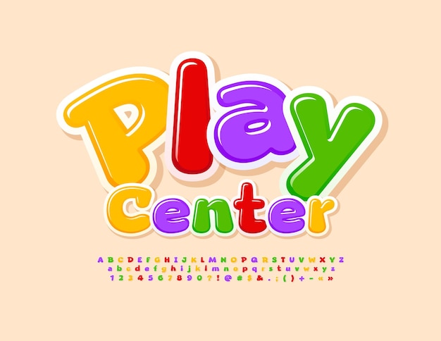 Plik wektorowy wektor znak szczęśliwy play center. zabawna kolorowa czcionka. jasne litery i cyfry alfabetu