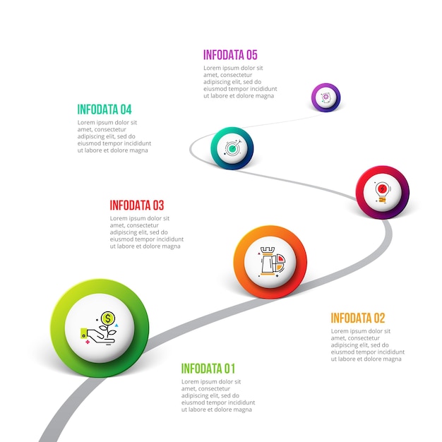 Wektora Infographic Drogi Z Kręgów. Szablon Osi Czasu Z 5 Znacznikami Na Zakrzywionej Linii Drogi.