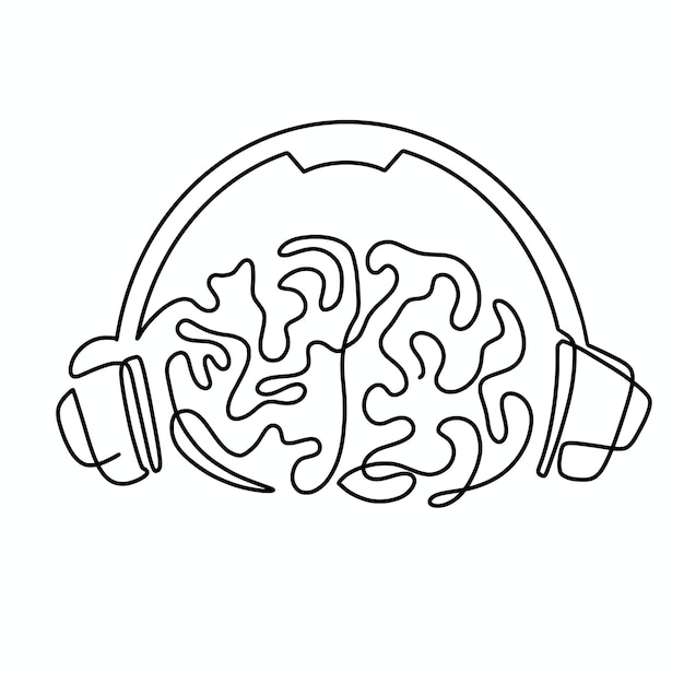Wektorowa Ciągła Jedna Linia Mózgu Słuchania Muzyki Z Ilustracją Słuchawek