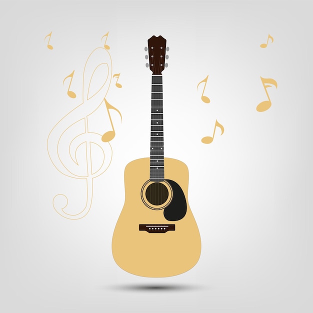 Wektorowa gitara akustyczna z ikonami muzycznymi na białym tle żółta drewniana gitara