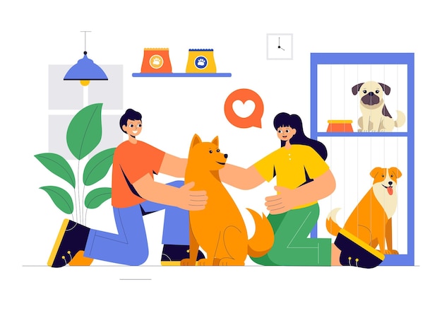 Wektorowa ilustracja agencji adopcji zwierząt przedstawiająca adopcję zwierząt z schroniska z kotami i psami na płaskim tle kreskówki