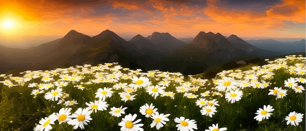 Wektorowa Ilustracja Białych Kwiatów Rumianku I Trawy Na Wzgórzach Na Tle Gór I