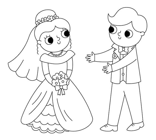 Plik wektorowy wektorowa ilustracja czarno-biała z panną młodą i panem młodym słodka para poślubna ikona ceremonii ślubnej