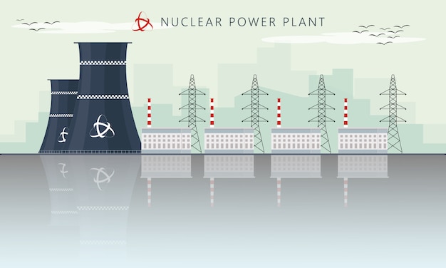 Plik wektorowy wektorowa ilustracja elektrowni jądrowej fabryczna ikona z miastową miasto drapaczy chmur linią horyzontu