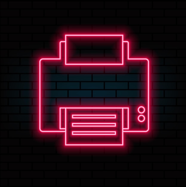 Wektorowa ilustracja etykiety neonowej drukarki promocji elektroniki fioletowy