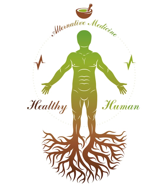 Plik wektorowy wektorowa ilustracja graficzna silnego mężczyzny przedstawiona jako kontynuacja drzewa i skomponowana z moździerzem i tłokiem. metafora fitoterapii, koncepcja zdrowego stylu życia.