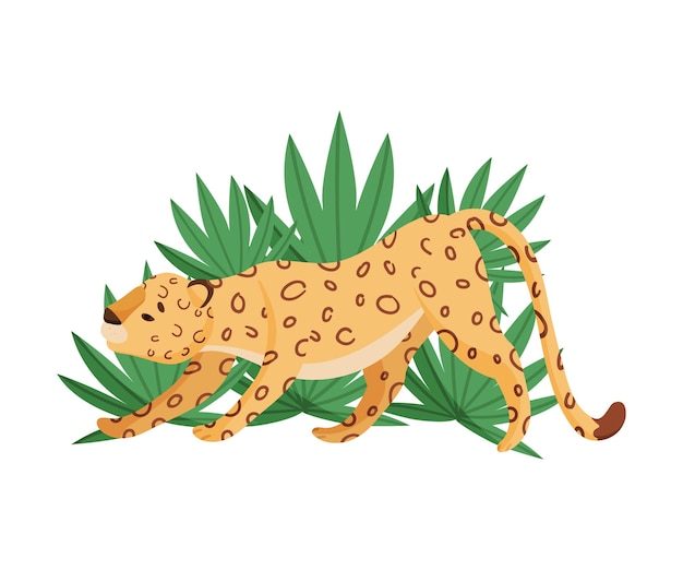 Plik wektorowy wektorowa ilustracja leoparda plamistego rozciągającego się w pobliżu tropikalnych liści