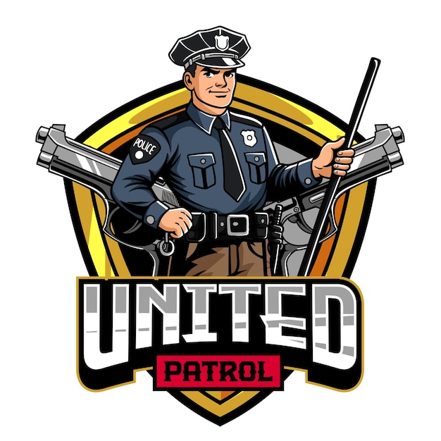 Wektorowa ilustracja policjanta z bronią w retro ilustracji wektorowej dostępna dla odznaki logo
