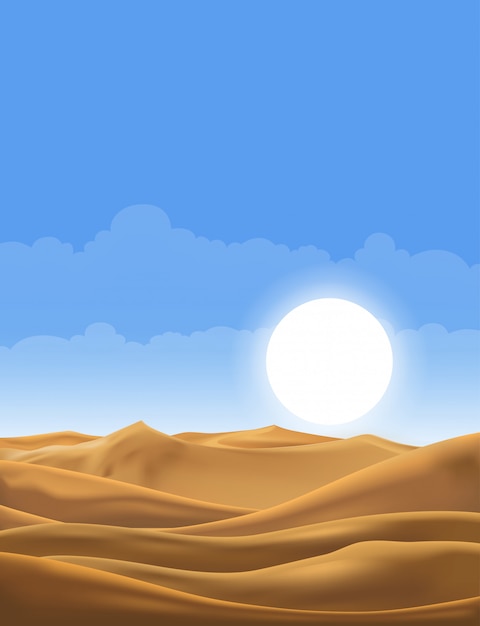 Wektorowa Ilustracja Pustynny Panorama Krajobraz Z Piasek Diunami Na Bardzo Gorącym Słonecznego Dnia Lecie