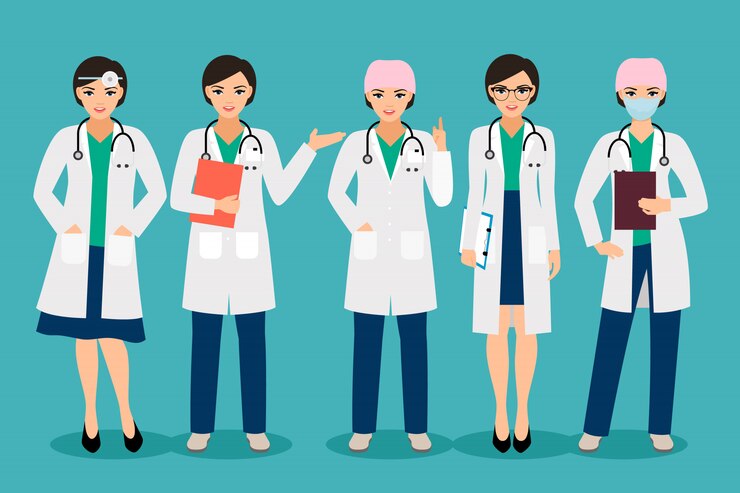 Wektor wektorowa kobiety lekarka lub uśmiechnięte kobiet farmaceuty pozy