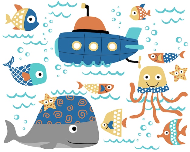 Wektorowa Kreskówka Morscy Zwierzęta Z Okrętem Podwodnym