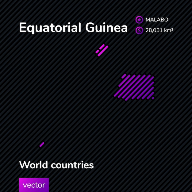 Wektorowa Neonowa Stylizowana Mapa Gwinei Równikowej W Fioletowych Kolorach Na Czarnym Tle W Paski