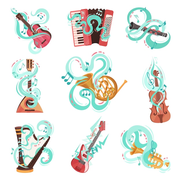 Plik wektorowy wektorowa ręcznie narysowana kolekcja instrumentów muzycznych kolorowy zestaw ikon instrumentów z elementami projektowania linii na tle
