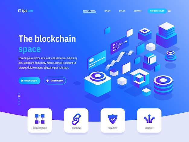 Wektorowa strona docelowa koncepcji izometrycznej przestrzeni blockchain Wymiana kryptowalut Cyfrowe pieniądze Ochrona waluty Narzędzia finansowe Ilustracja banera reklamowego w projekcie izometrii