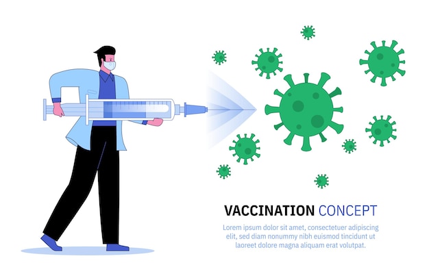 Wektorowa Strona Docelowa Koncepcji Szczepień Mężczyzna Lekarz Trzymający Ogromną Strzykawkę Do Wstrzykiwania Szczepionki Medycyna Zapobieganie Nauce I Opiece Zdrowotnej Ilustracja Postaci Projektu Banera Reklamowego