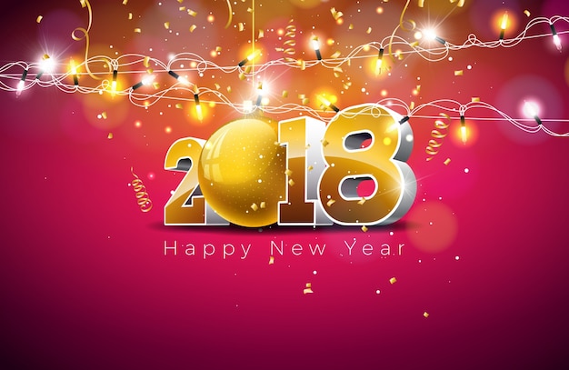 Wektorowa Szczęśliwa Nowy Rok 2018 Ilustracja Na Błyszczącym Czerwonym Tle Z 3d Liczbą