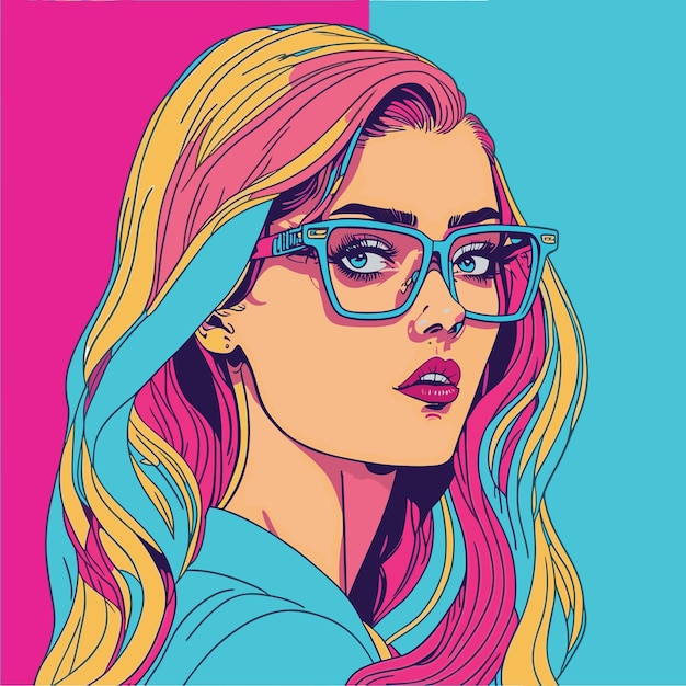 Wektorowa sztuka POP POP ART Piękna dziewczyna w okularach długie włosy kolory pastelowe grafika koszulki